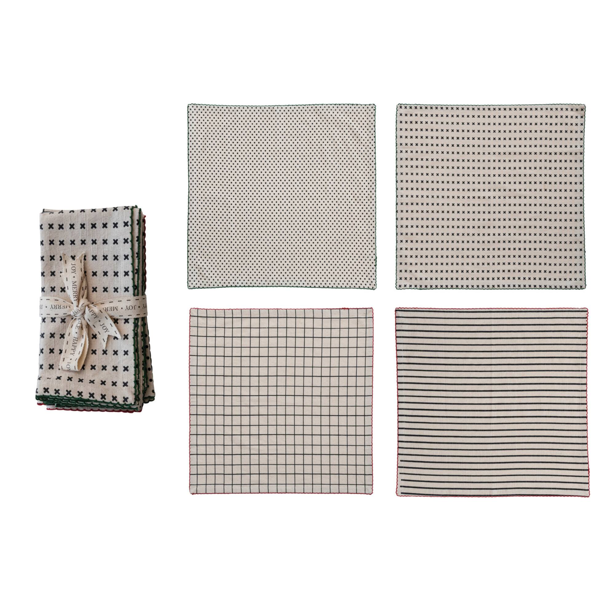 Hello Honey® Black & Natural Mixed Pattern Cotton Fabric Napkin Set with Red & Green Stitched Edges
